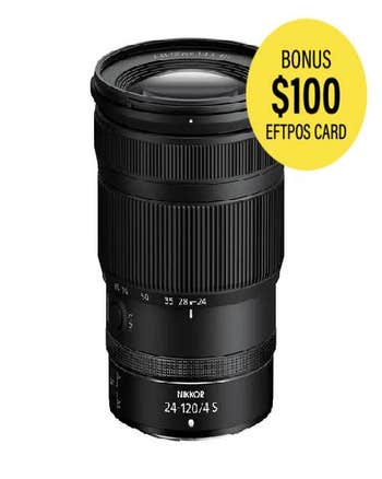 Nikon NIKKOR Z 24-120mm f/4 S zoom lens standing upright, showing focal length markings
