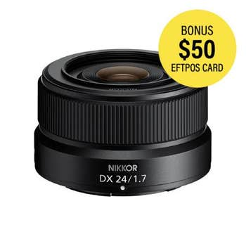 Nikon Nikkor Z DX 24mm f/1.7 Z-mount lens, front angled view showing compact design
