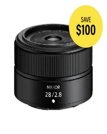 Nikon NIKKOR Z 28mm f/2.8 wide-angle Z-mount lens, front angled view showing compact design