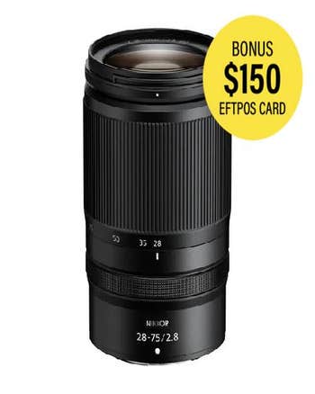 Nikon NIKKOR Z 28-75mm f/2.8 zoom lens standing upright, showing zoom and focus rings