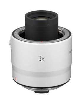 Canon RF 2x Extender teleconverter in white, angled view showing RF mount and 2x marking