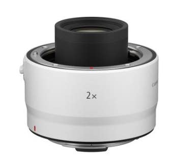 Canon RF 2x Extender teleconverter in white, angled view showing RF mount and 2x marking