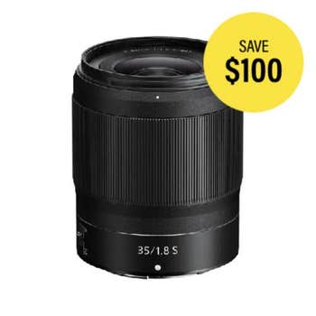 Front view of Nikon Nikkor Z 35mm f/1.8 S prime lens standing upright