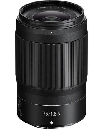 Front view of Nikon Nikkor Z 35mm f/1.8 S prime lens standing upright
