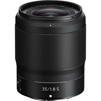 Front view of Nikon Nikkor Z 35mm f/1.8 S prime lens standing upright