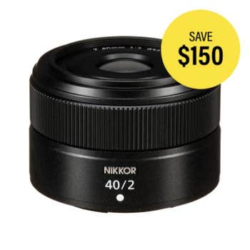 Front view of Nikon NIKKOR Z 40mm f/2 compact prime lens with ribbed focus ring