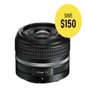 Nikon NIKKOR Z 40mm f/2 SE mirrorless lens, angled view showing retro-style focus ring
