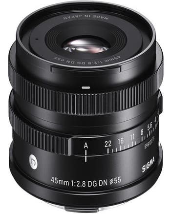 Sigma 45mm f/2.8 DG DN Contemporary prime lens for Sony E-mount with aperture ring, front angle view