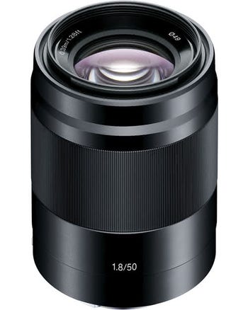 Sony E 50mm f/1.8 OSS portrait lens SEL50F18B in black, front angled product view