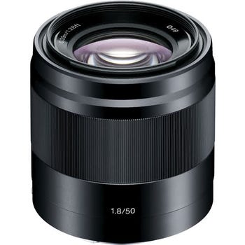 Sony E 50mm f/1.8 OSS portrait lens SEL50F18B in black, front angled product view