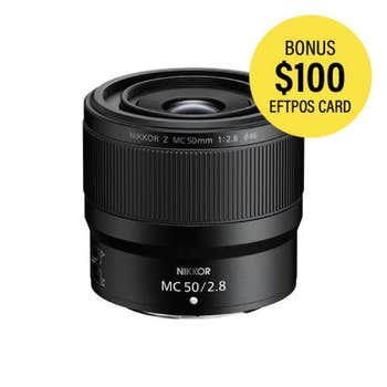 Nikon NIKKOR Z MC 50mm f/2.8 macro lens, angled front view showing focus ring and markings