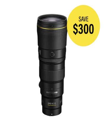 Nikon Nikkor Z 600mm f/6.3 VR S super-telephoto prime lens standing upright on white background