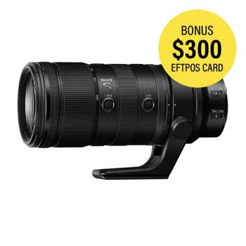 Nikon Nikkor Z 70-200mm f/2.8 VR S II telephoto zoom lens with tripod collar, side view