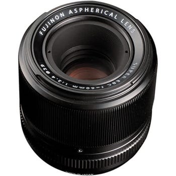 Fujifilm XF 60mm f/2.4 R Macro Lens, top angled view showing front glass and aspherical markings