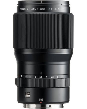 Front view of Fujifilm GF 110mm f/2 R LM WR portrait lens showing aperture ring and markings