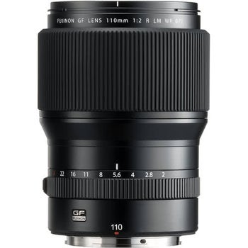 Front view of Fujifilm GF 110mm f/2 R LM WR portrait lens showing aperture ring and markings