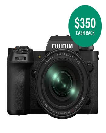 Fujifilm X-H2 mirrorless camera with XF 16-80mm lens, front view with $350 cashback badge