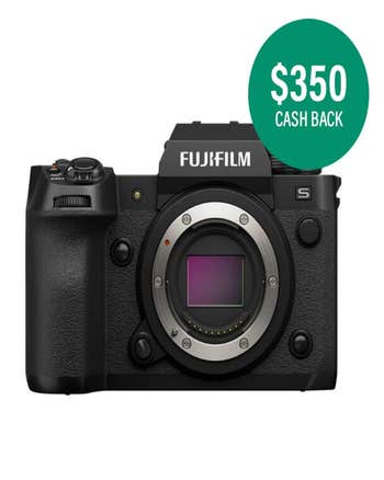 Fujifilm X-H2S mirrorless camera body front view with sensor exposed and $350 cash back badge