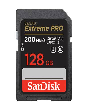 SanDisk 128GB Extreme PRO UHS-I SDXC memory card with 200MB/s speed rating front view