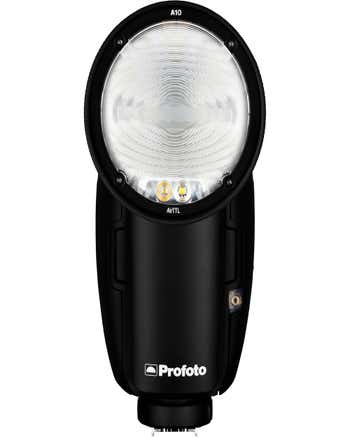 Front view of Profoto A10 on-camera flash for Nikon showing round head and LED modelling light