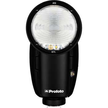 Front view of Profoto A10 on-camera flash for Nikon showing round head and LED modelling light