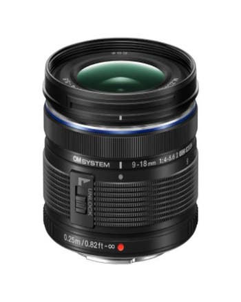OM System M.Zuiko Digital ED 9-18mm f/4-5.6 II ultra-wide zoom lens, front angled product view