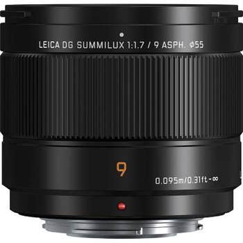 Front view of Panasonic 9mm f/1.7 Leica Summilux lens showing focus ring and lens markings