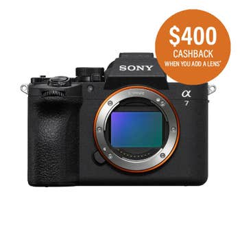 Sony A7 V mirrorless camera body front view with sensor exposed and $300 cashback promo badge.