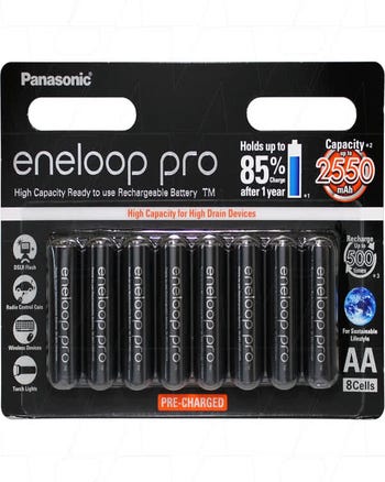 Panasonic Eneloop Pro AA rechargeable batteries 8-pack, 2550mAh high-capacity pre-charged cells in retail blister pack
