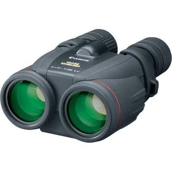 Canon 10x42 IS image stabilizer binocular with green objective lenses, angled side view