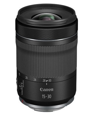 Canon RF 15-30mm f/4.5-6.3 IS STM ultra-wide zoom lens, front angled product view