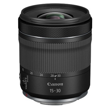 Canon RF 15-30mm f/4.5-6.3 IS STM ultra-wide zoom lens, front angled product view