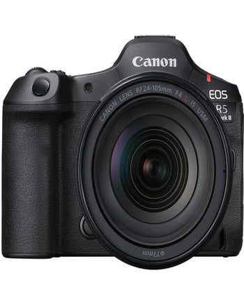Front view of Canon EOS R5 Mark II mirrorless camera with RF 24-105mm f4 L IS USM zoom lens