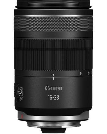 Canon RF 16-28mm f/2.8 IS STM wide-angle zoom lens, front side view with focal length markings