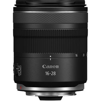 Canon RF 16-28mm f/2.8 IS STM wide-angle zoom lens, front side view with focal length markings