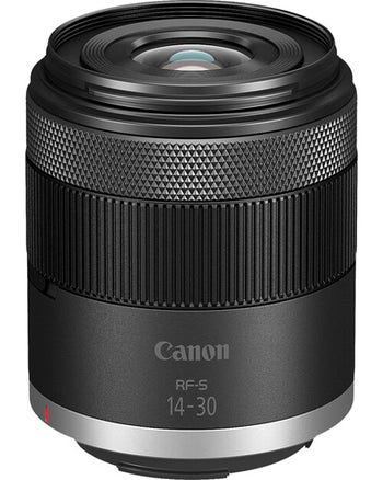 Canon RF-S 14-30mm f/4-6.3 IS STM PZ wide-angle zoom lens, angled front view