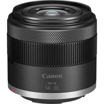Canon RF-S 14-30mm f/4-6.3 IS STM PZ wide-angle zoom lens, angled front view