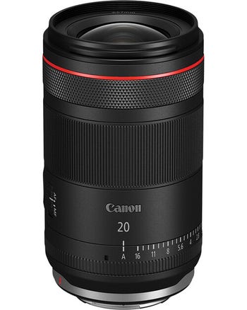 Canon RF 20mm f/1.4L VCM ultra-wide prime lens with iris ring and aperture scale, front angled view.