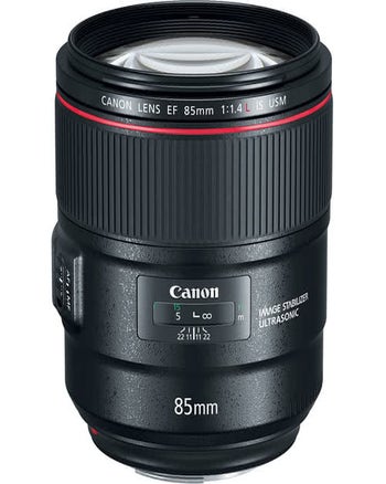 Canon EF 85mm f1.4L IS USM prime telephoto lens, front angled product view