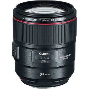 Canon EF 85mm f1.4L IS USM prime telephoto lens, front angled product view