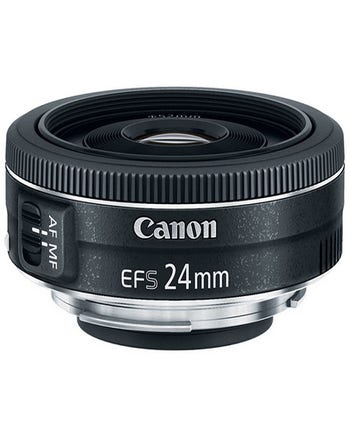 Canon EF-S 24mm f/2.8 STM pancake lens, angled view showing compact design and AF/MF switch