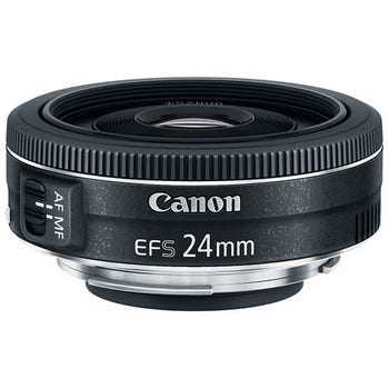 Canon EF-S 24mm f/2.8 STM pancake lens, angled view showing compact design and AF/MF switch