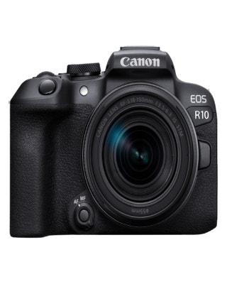 Canon EOS R10 mirrorless camera kit shown front on with RF-S 18-150mm STM zoom lens attached