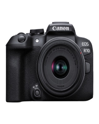 Front view of Canon EOS R10 mirrorless camera with RF-S 18-45mm STM kit lens attached
