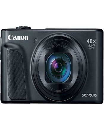 Front view of black Canon PowerShot SX740 HS compact camera with 40x optical zoom lens