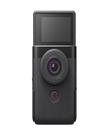 Canon PowerShot V10 compact camera in black with flip-up screen shown from the front