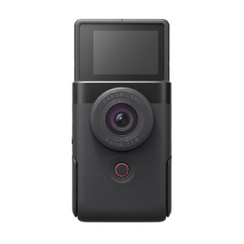 Canon PowerShot V10 compact camera in black with flip-up screen shown from the front