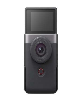Canon PowerShot V10 compact camera front view showing wide lens and flip-up LCD screen