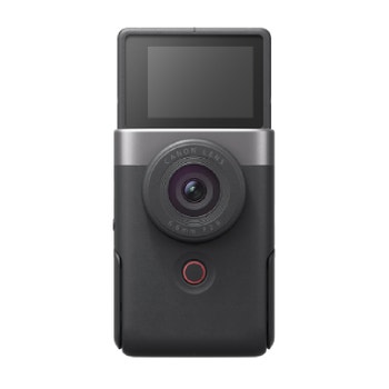 Canon PowerShot V10 compact camera front view showing wide lens and flip-up LCD screen