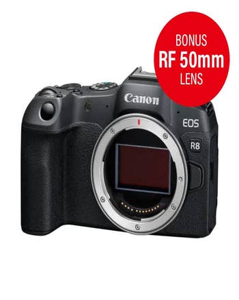 Canon EOS R8 mirrorless camera body only with bonus RF 50mm lens promo badge